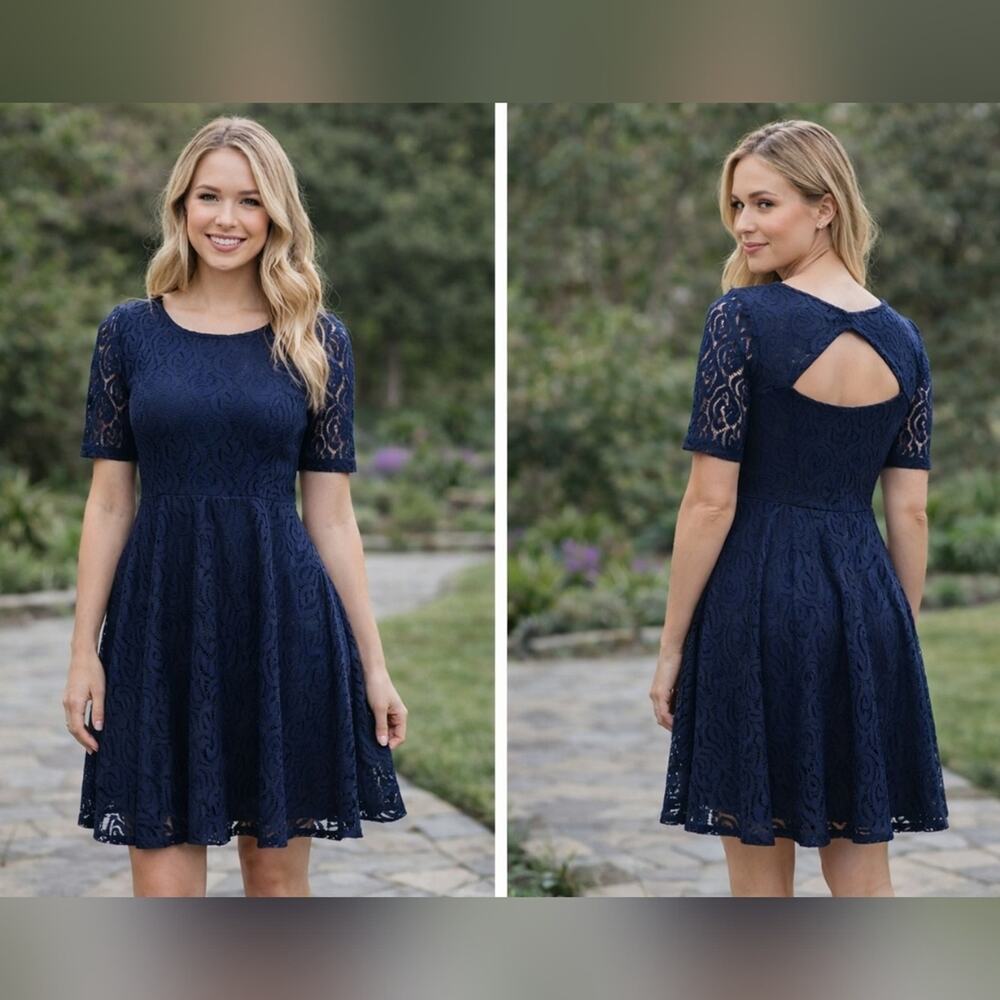 Iz Byer Navy Blue Lace Fit & Flare Dress Cutout Back Short Sleeve Size S #90